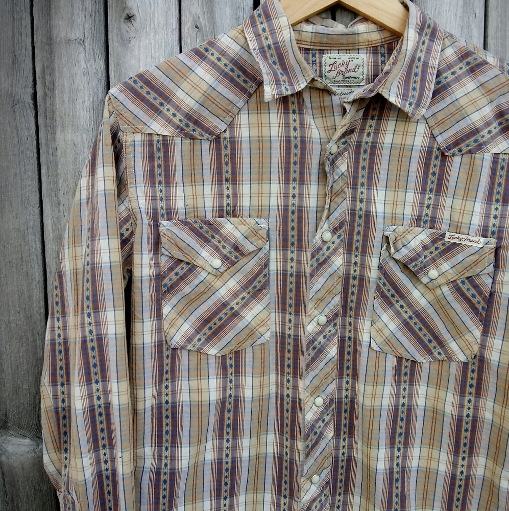 Lucky Brand western style pearl snap brown & navy blue plaid shirt Womens M - Picture 4 of 12